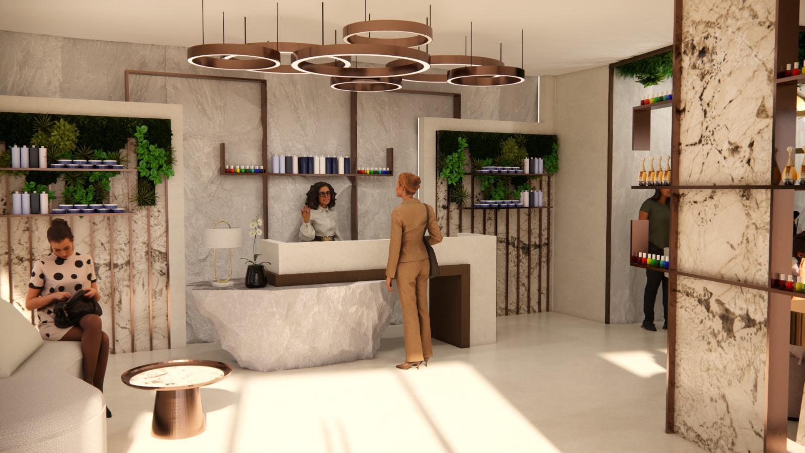 Concept reception beauty operativa con area attesa e retail