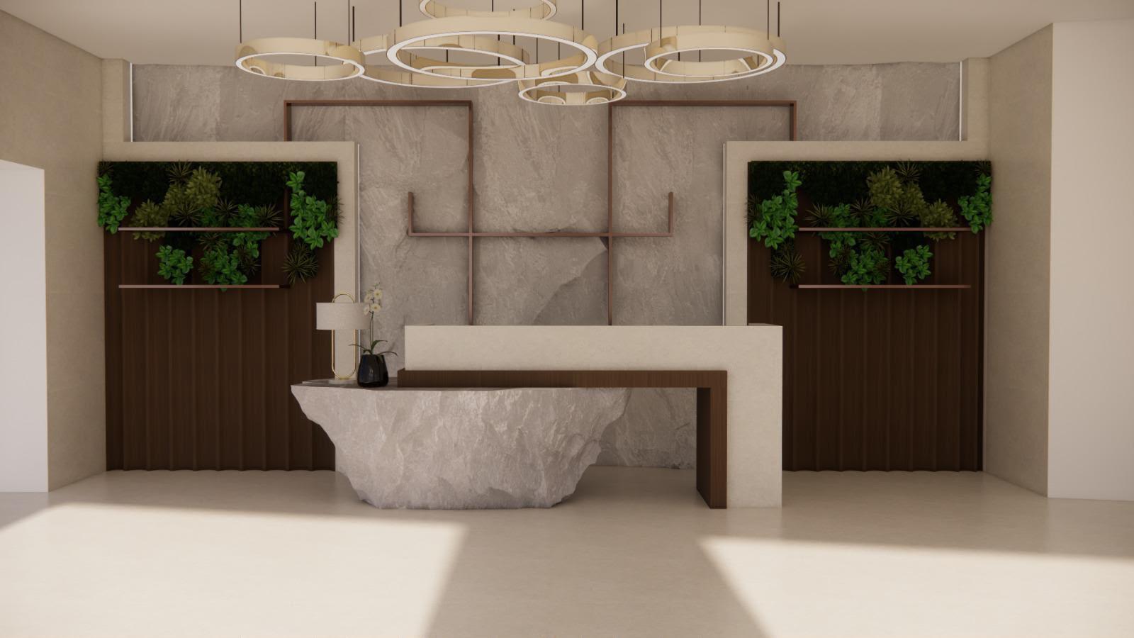 Concept reception wellness con bancone in pietra, legno e pareti verdi