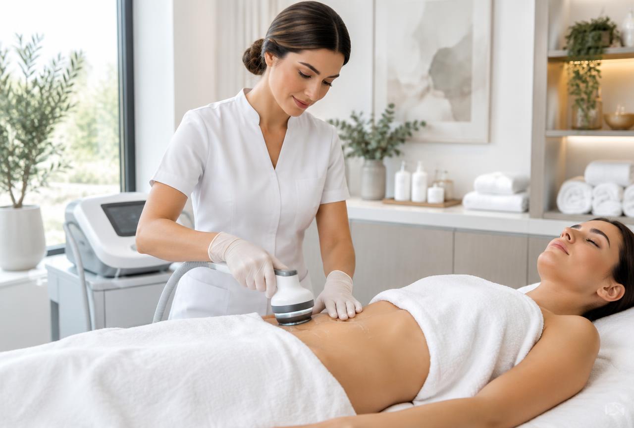 Estetista che esegue un trattamento corpo dimostrativo con un manipolo