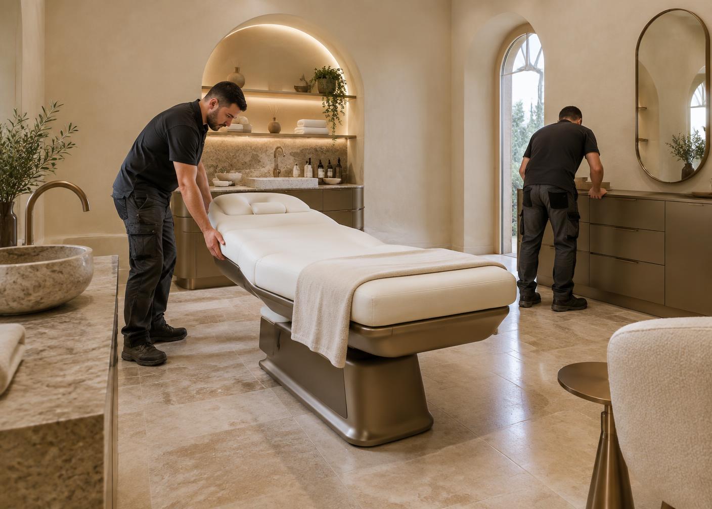 Installazione di arredi e lettino professionale in una cabina beauty